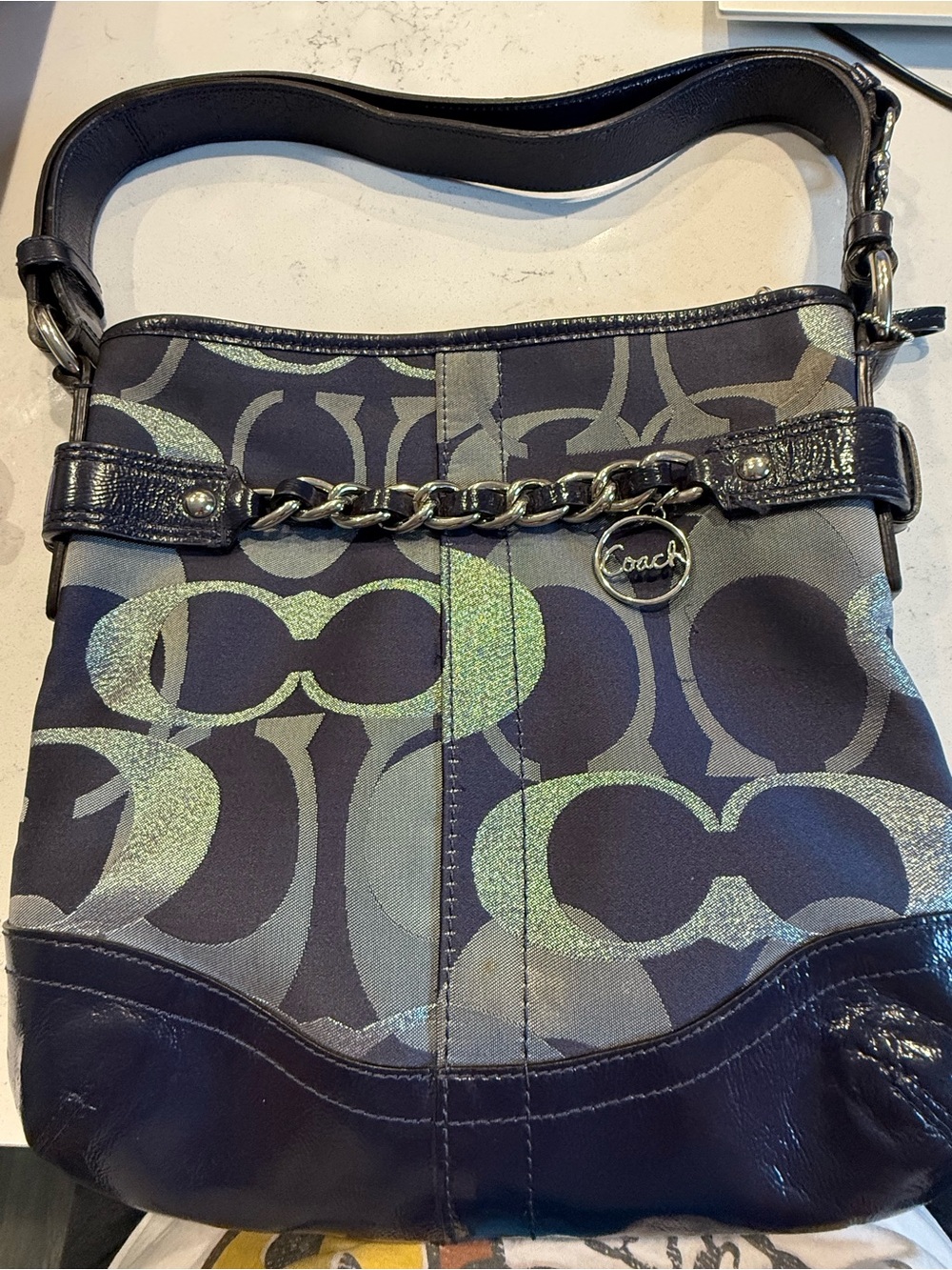 Coach Signature Shoulder Bag in Navy with Green Accent